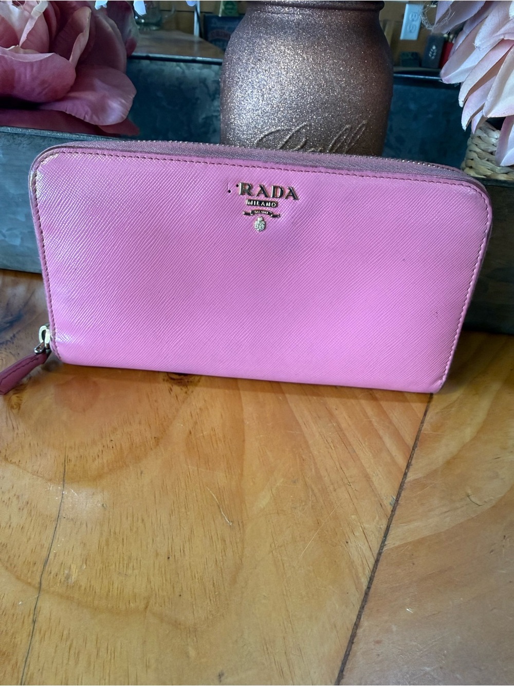 Prada Pink Saffiano Zip Wallet with Gold Logo (project)
